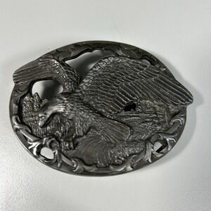 1990 Vintage C+J Silver Oval Eagle Belt Buckle 3" x 2.5" Scenic River Cut Out